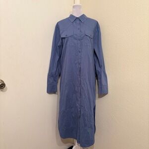 NWT Stateside Pixie Poplin Western Shirt Dress Blue Cotton Collared Midi L